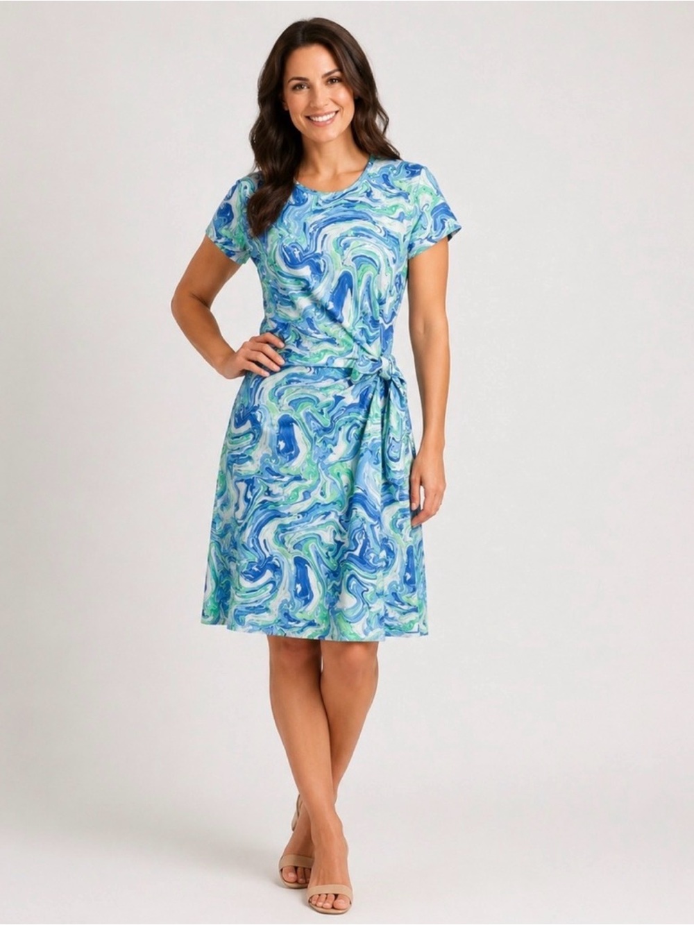 *New* J.McLaughlin Elora Faux Wrap Tie Dress in Blue/Green Marble, Size Small